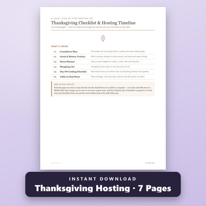 Thanksgiving Checklist Printable, Fillable Hosting Timeline, Shopping List, Cooking Schedule, US Letter, A4, Instant Download