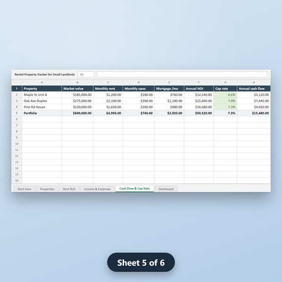 Rental Property Spreadsheet, Small Landlord Income Expense Tracker, Rent Roll, Schedule E, Cash Flow, Cap Rate, Excel, Google Sheets, image 9