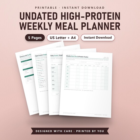 Undated High-Protein Weekly Meal Planner Printable PDF, 7-Day Menu & Protein Tracker