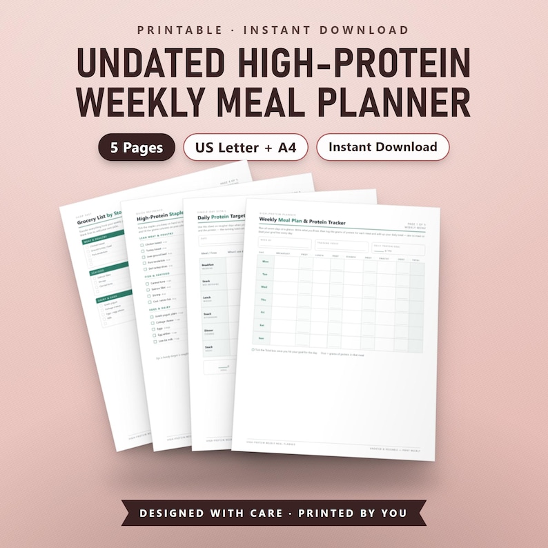 Undated High-Protein Weekly Meal Planner Printable PDF, 7-Day Menu & Protein Tracker