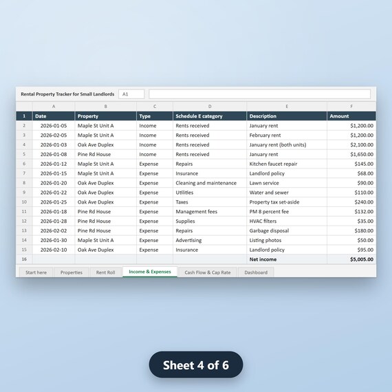 Rental Property Spreadsheet, Small Landlord Income Expense Tracker, Rent Roll, Schedule E, Cash Flow, Cap Rate, Excel, Google Sheets, image 8