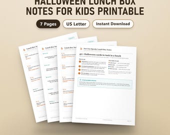 Halloween-lunchboxnotities voor kinderen, invulbare notitiekaartjes, meer dan 40 niet al te griezelige grapjes, printbaar op A4-formaat (US Letter), direct te downloaden.