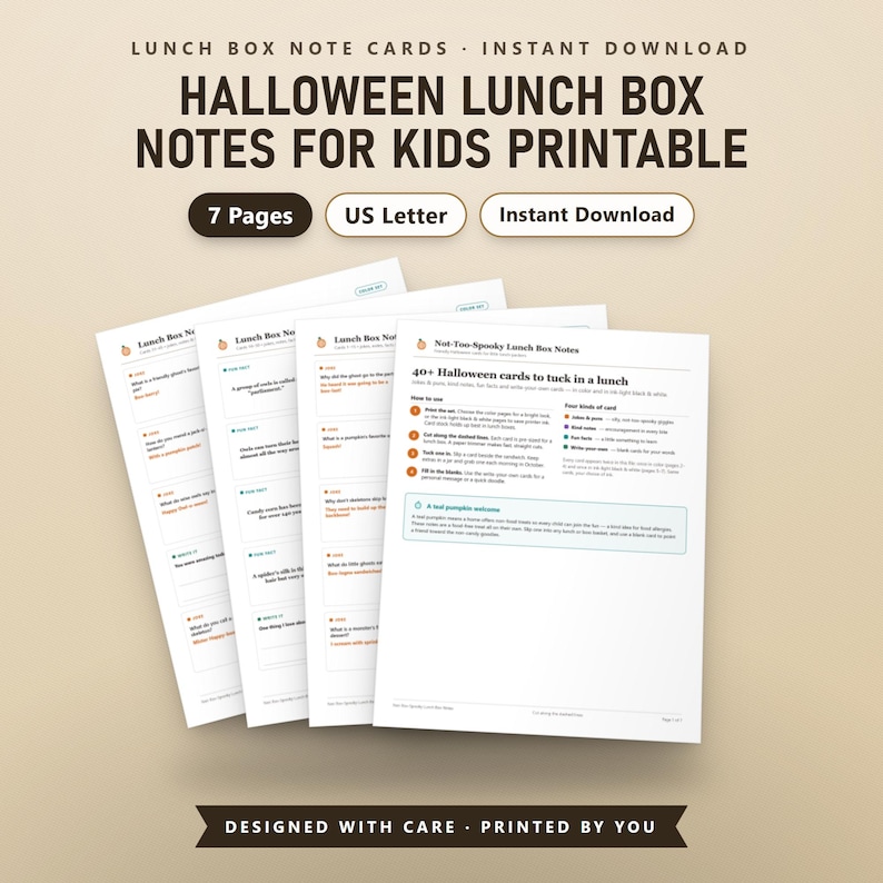 Halloween Lunch Box Notes for Kids, Fillable Note Cards, 40+ Not Too Spooky Jokes, Printable US Letter, A4, Instant Download