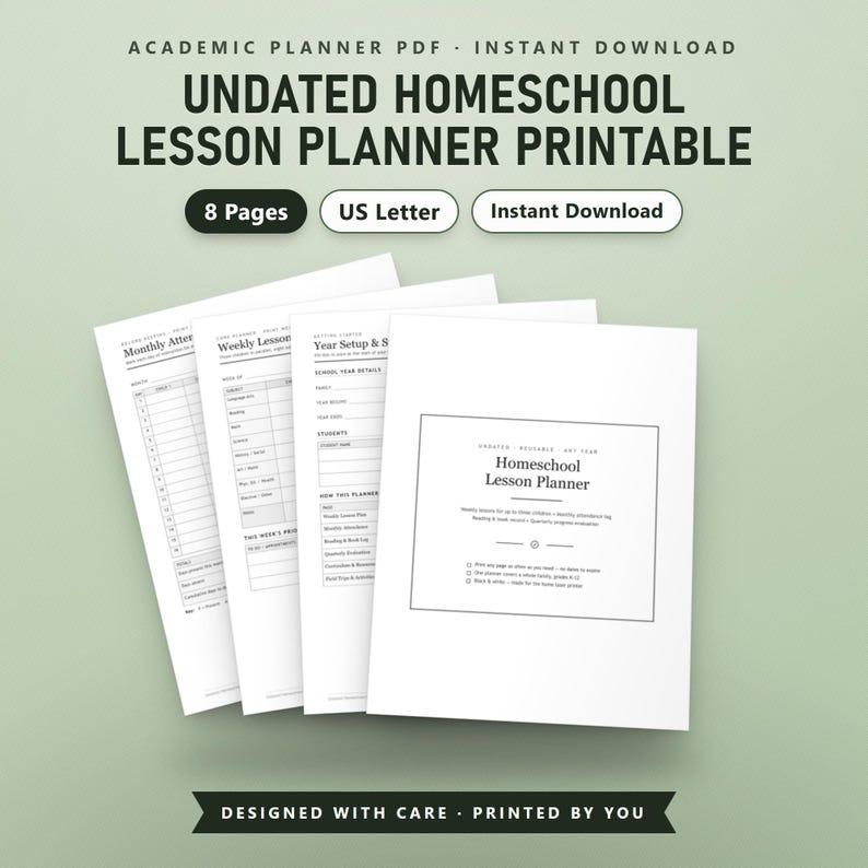Undated Homeschool Planner PDF, Multi-Child Weekly Lesson Planner, Attendance Log, Reading Record, US Letter, Instant Download