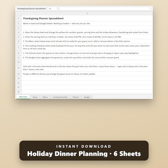 Thanksgiving Planner Spreadsheet, Turkey & Portion Calculator, Cooking Schedule, Guest List, Budget, Excel, Google Sheets, Instant Download