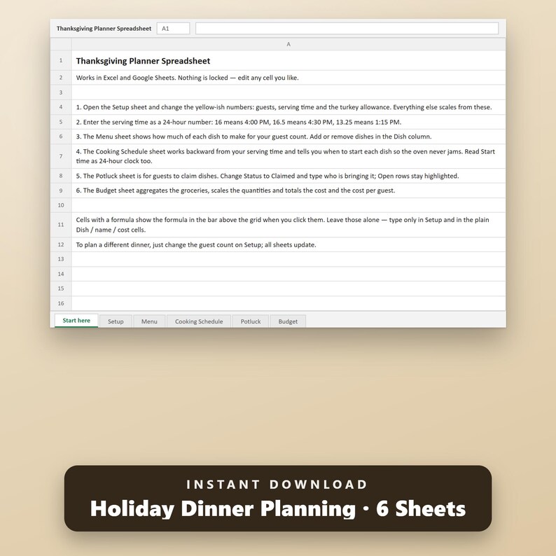 Thanksgiving Planner Spreadsheet, Turkey & Portion Calculator, Cooking Schedule, Guest List, Budget, Excel, Google Sheets, Instant Download