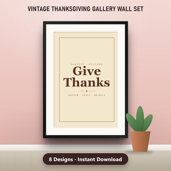 Thanksgiving Gallery Wall Set, 8 Vintage Retro Printable Prints, Turkey Cornucopia Give Thanks Typography, 16x20, 11x14, 8x10, Instant