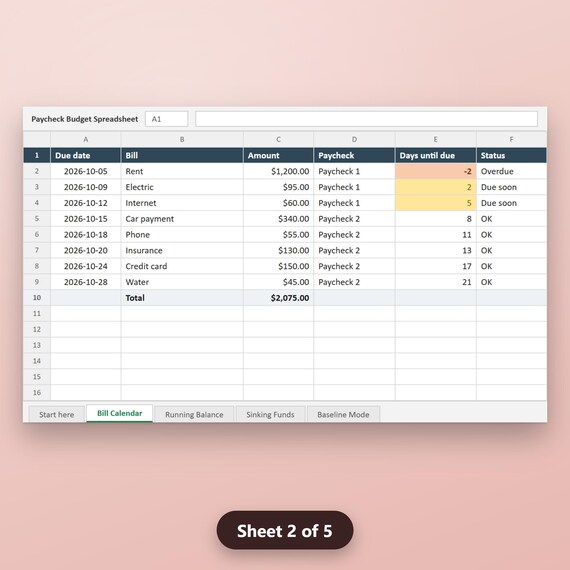Paycheck Budget Spreadsheet, Budget by Paycheck, Biweekly Bill Calendar, Running Balance, Excel, Google Sheets, Instant Download, image 6