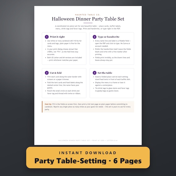 Halloween Place Cards Printable, Fillable Dinner Party Table Set, Menu, Food Labels, Favor Tags, US Letter, A4, Instant Download