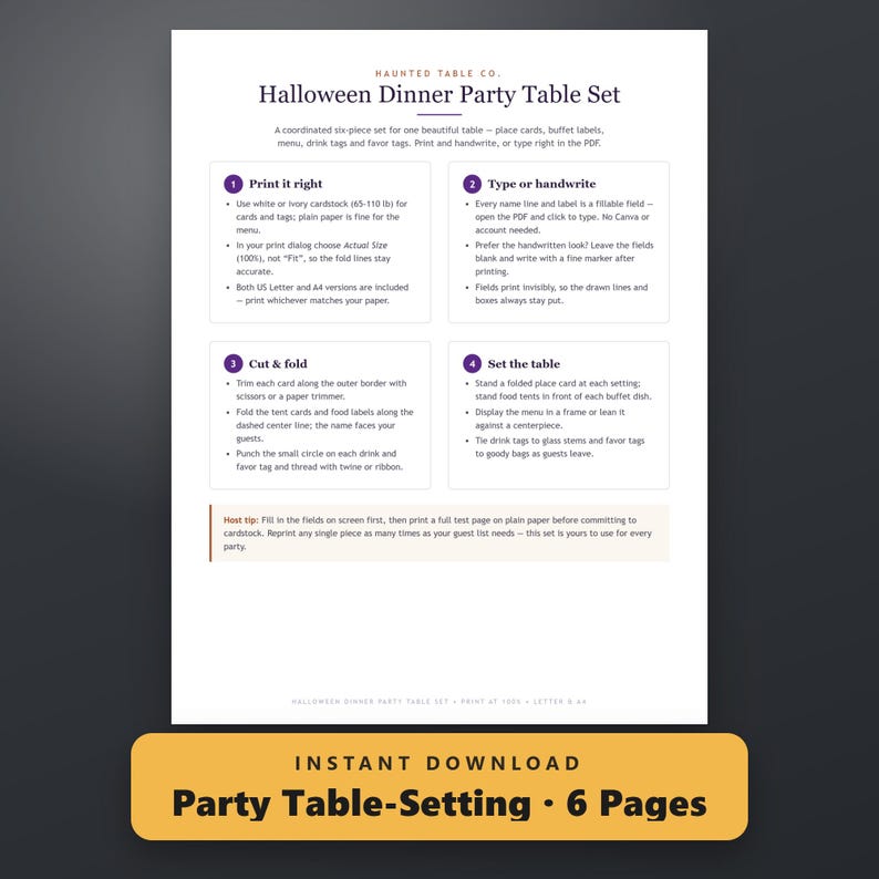 Halloween Place Cards Printable, Fillable Dinner Party Table Set, Menu, Food Labels, Favor Tags, US Letter, A4, Instant Download