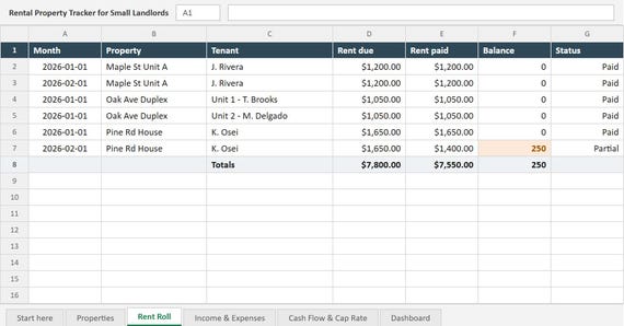 Rental Property Spreadsheet, Small Landlord Income Expense Tracker, Rent Roll, Schedule E, Cash Flow, Cap Rate, Excel, Google Sheets, image 13