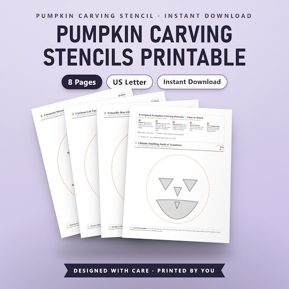 Pumpkin Carving Stencils Printable, 8 Jack O Lantern Patterns, Easy to Hard, Transfer & Carving Tips, US Letter, A4, Instant Download