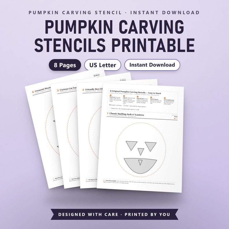 Pumpkin Carving Stencils Printable, 8 Jack O Lantern Patterns, Easy to Hard, Transfer & Carving Tips, US Letter, A4, Instant Download