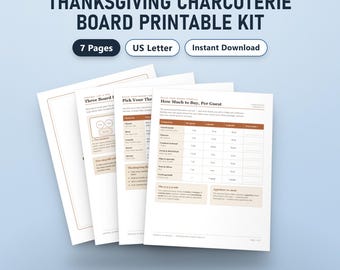 Printbare set voor een Thanksgiving-charcuterieplank, bordje voor de borreltafel, invulbare voedsel- en allergie-etiketten, boodschappenlijstje, US Letter, A4, direct klaar