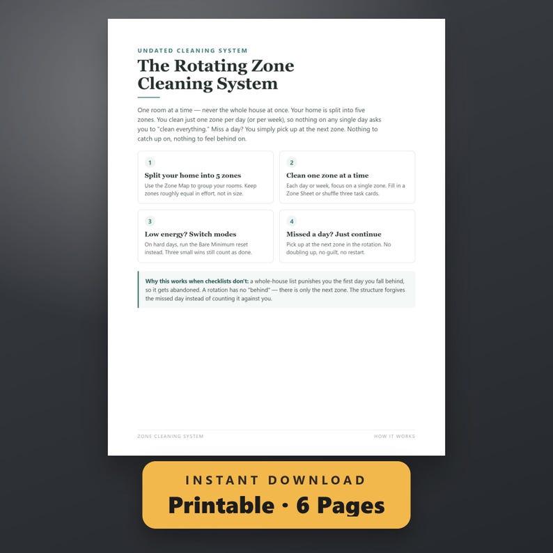 Zone Cleaning Schedule Printable, ADHD Cleaning Planner, Bare Minimum Mode, Daily Reset, 6-Page PDF, Instant Download