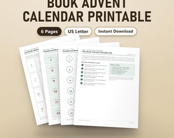 Printbare adventskalender voor boeken, invulbaar, 24 genummerde boeketiketten, leeslogboek en aftelposter, US Letter, A4, direct te downloaden