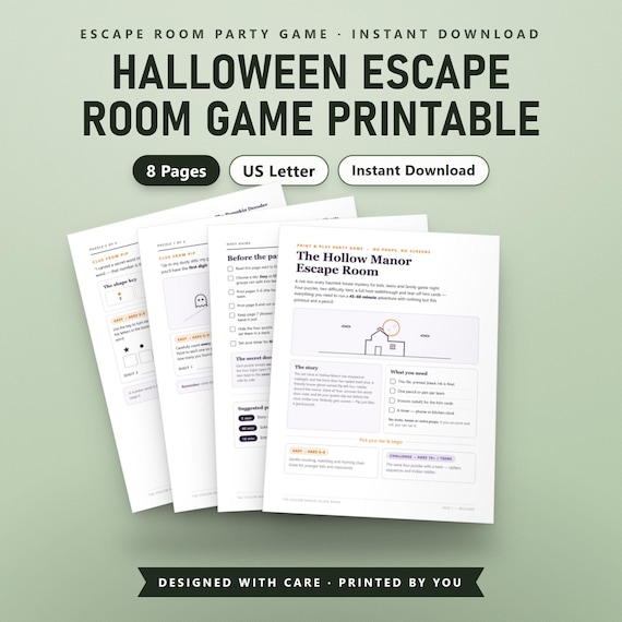 Halloween Escape Room Game Printable, Haunted House Mystery for Kids & Teens, Fillable, 2 Difficulty Tiers, US Letter, A4, Instant Download