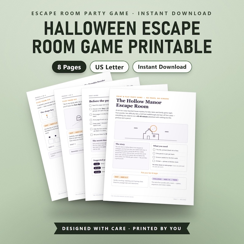 Halloween Escape Room Game Printable, Haunted House Mystery for Kids & Teens, Fillable, 2 Difficulty Tiers, US Letter, A4, Instant Download