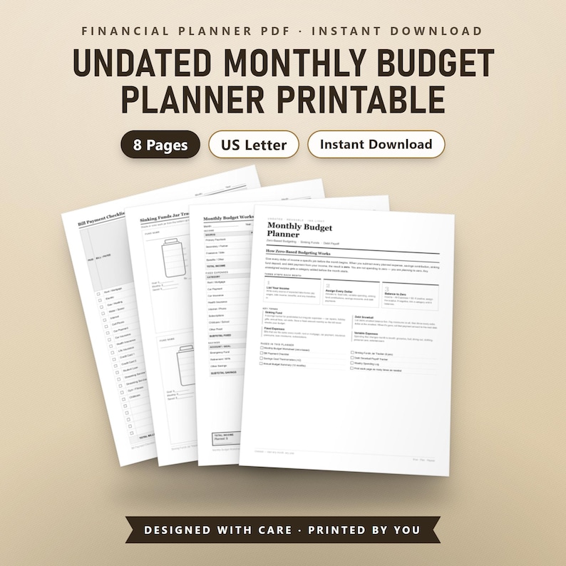 Zero Based Budget Worksheet, Undated Monthly Budget Planner PDF, Sinking Funds Tracker, Debt Payoff Sheet, US Letter, Instant Download