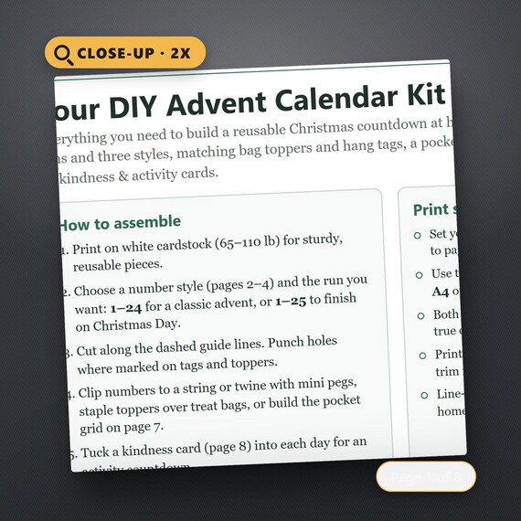 Advent Calendar Kit Printable, Numbers 1-24 & 1-25 Tags, Bag Toppers, DIY Pocket Calendar Template, 24 Kindness Cards, US Letter, A4, image 4