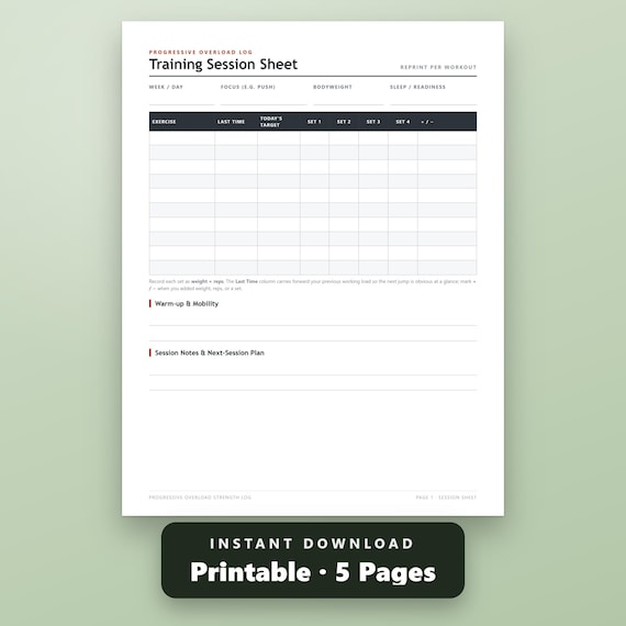 Strength Training Log Printable, Progressive Overload Tracker, Weekly Workout Sheets, Set Rep Weight Log, 1RM Reference, Instant Download