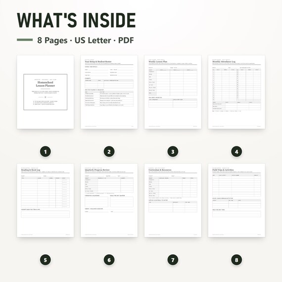 Undated Homeschool Planner PDF, Multi-Child Weekly Lesson Planner, Attendance Log, Reading Record, US Letter, Instant Download, image 2