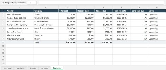 Wedding Budget Spreadsheet, Excel & Google Sheets Template, Per-Guest Cost Calculator, Vendor Payment Tracker, Instant Download, image 14