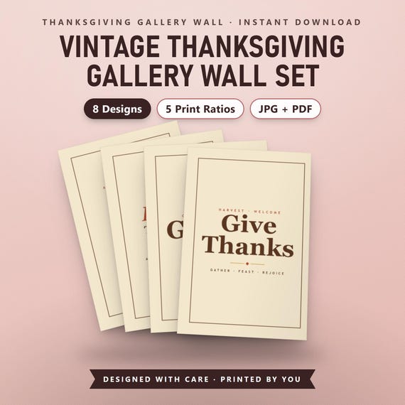 Thanksgiving Gallery Wall Set, 8 Vintage Retro Printable Prints, Turkey Cornucopia Give Thanks Typography, 16x20, 11x14, 8x10, Instant, image 2