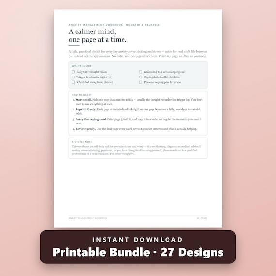 Anxiety Worksheets Printable Bundle, CBT Thought Record, Adhd Planner, Symptom Tracker, US Letter, A4, Instant Download PDF