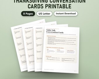 Printbare gesprekskaartjes voor Thanksgiving, 100 vragen voor aan de familietafel, invulbaar, vragen over erfgoed voor kinderen van alle leeftijden, US Letter, A4, direct te gebruiken
