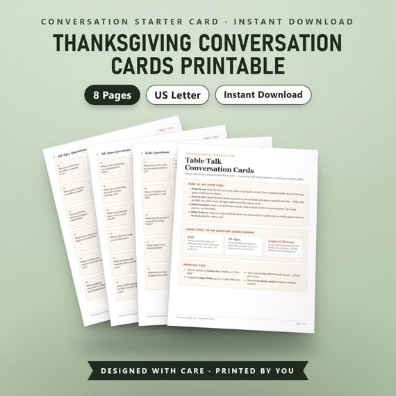 Thanksgiving Conversation Cards Printable, 100 Family Dinner Table Prompts, Fillable Kids All Ages Legacy Questions, US Letter, A4, Instant