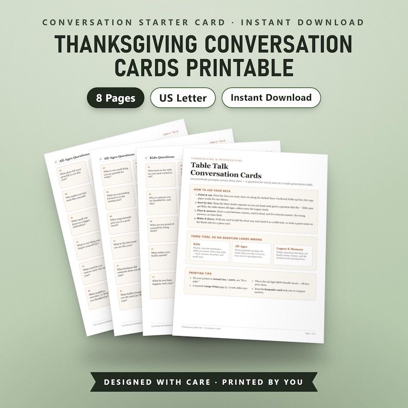 Thanksgiving Conversation Cards Printable, 100 Family Dinner Table Prompts, Fillable Kids All Ages Legacy Questions, US Letter, A4, Instant