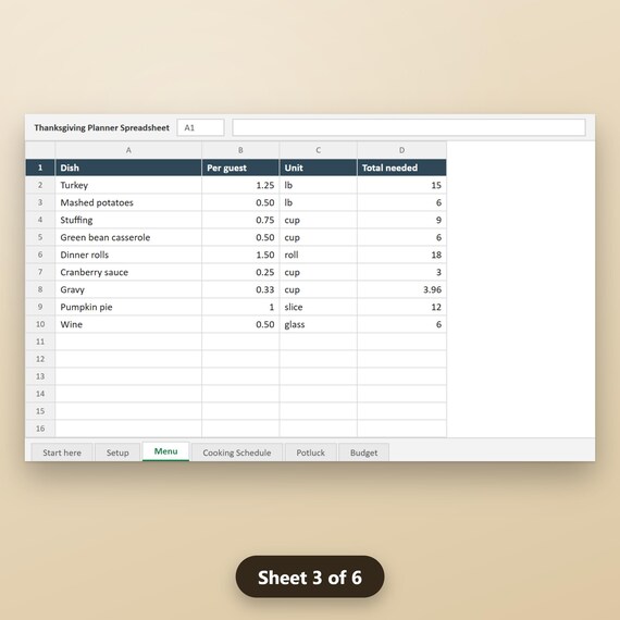 Thanksgiving Planner Spreadsheet, Turkey & Portion Calculator, Cooking Schedule, Guest List, Budget, Excel, Google Sheets, Instant Download, image 7