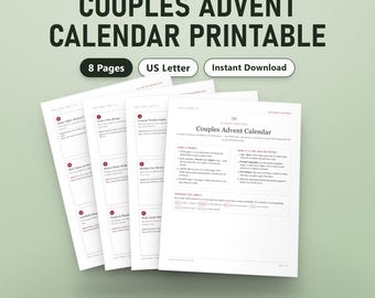 Printbare adventskalender voor stellen, 24 kaartjes met date-ideeën en vragen, zoet of pittig, invulbare nummerkaartjes, US Letter, A4, direct te downloaden als PDF