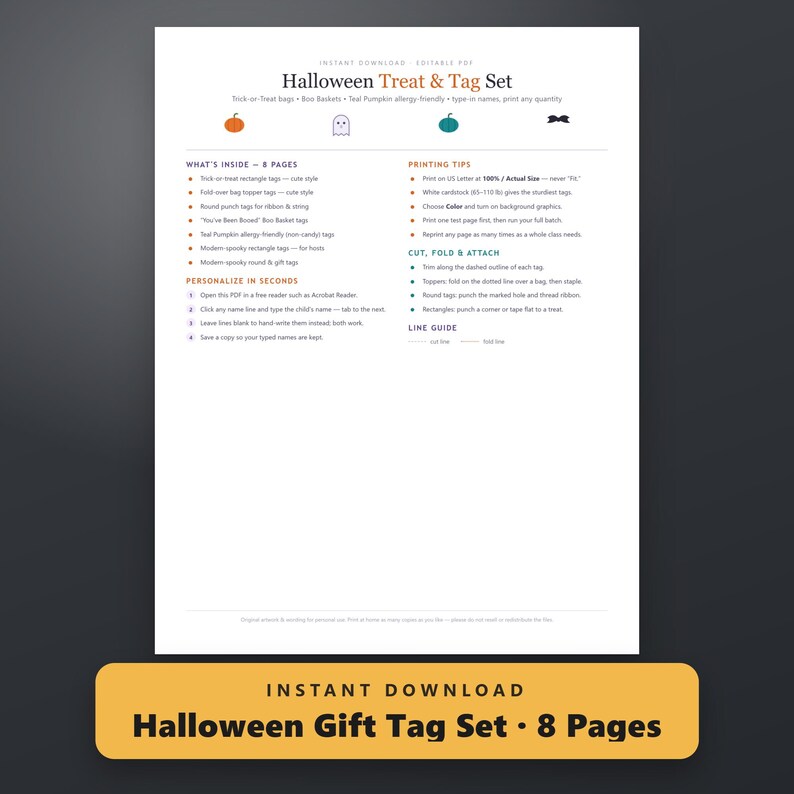 Trick or Treat Bag Tags Printable, Fillable Halloween Gift Tags, Boo Basket, Teal Pumpkin, US Letter, A4, Instant Download