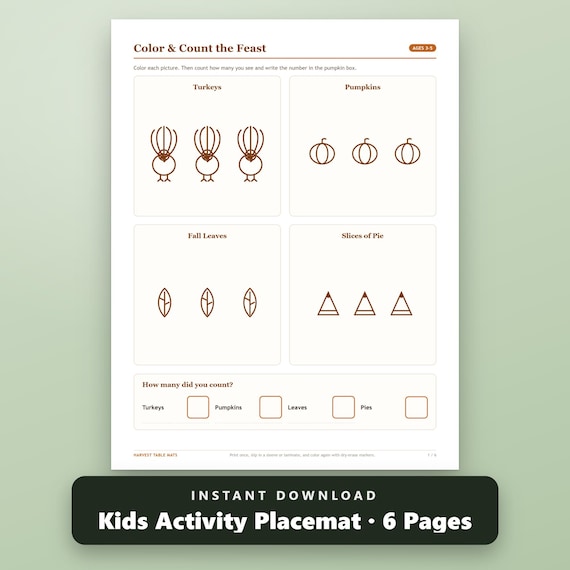 Thanksgiving Activity Placemat Printable Bundle, Fillable Kids Placemats, 6 Activity Mats, US Letter, A4, Instant Download