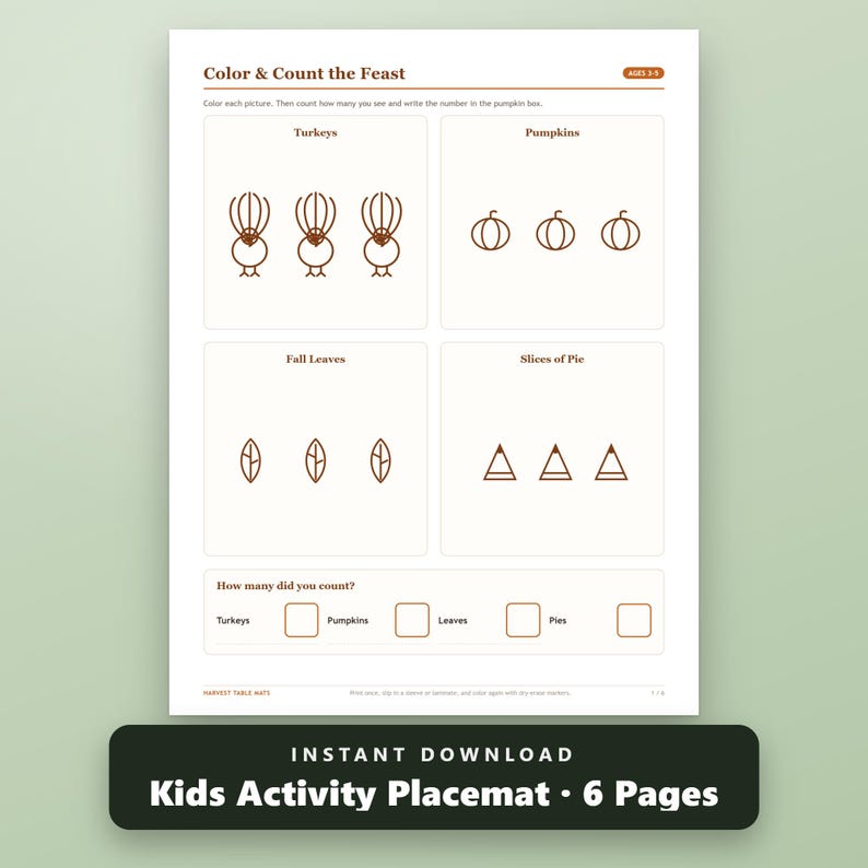 Thanksgiving Activity Placemat Printable Bundle, Fillable Kids Placemats, 6 Activity Mats, US Letter, A4, Instant Download
