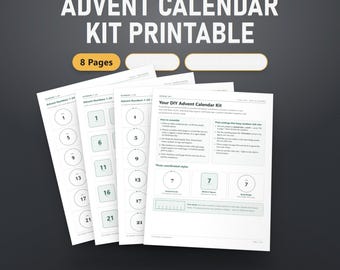 Printbare adventskalenderset, nummers 1-24 & 1-25 labels, tasversieringen, doe-het-zelf sjabloon voor een zakkalender, 24 vriendelijke kaartjes, US Letter, A4