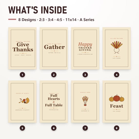 Thanksgiving Gallery Wall Set, 8 Vintage Retro Printable Prints, Turkey Cornucopia Give Thanks Typography, 16x20, 11x14, 8x10, Instant, image 3
