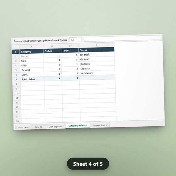 Thanksgiving Potluck Spreadsheet, Friendsgiving Dish Sign Up & Headcount Tracker, Cost Split, Excel, Google Sheets, Instant Download, image 7