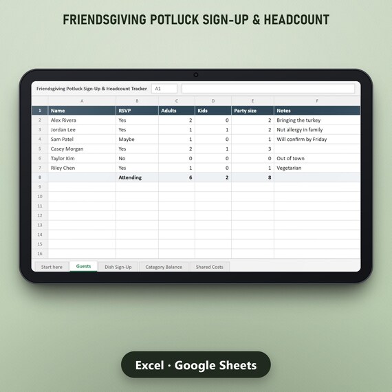 Thanksgiving Potluck Spreadsheet, Friendsgiving Dish Sign Up & Headcount Tracker, Cost Split, Excel, Google Sheets, Instant Download, image 3