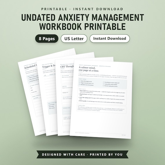 Worry Log Printable, CBT Thought Record, Anxiety Workbook for Adults, Coping Skills Toolkit, Grounding PDF, US Letter, Instant Download