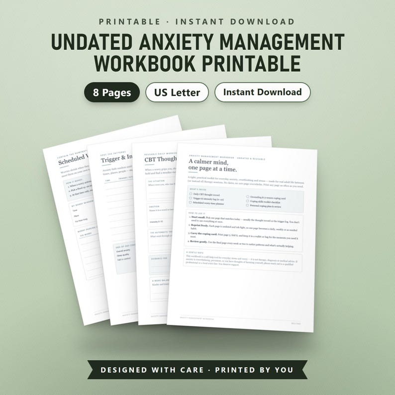 Worry Log Printable, CBT Thought Record, Anxiety Workbook for Adults, Coping Skills Toolkit, Grounding PDF, US Letter, Instant Download