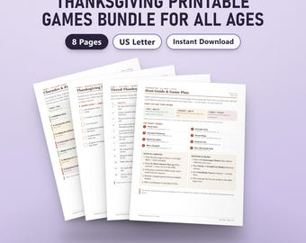 Bundel met printbare Thanksgiving-spelletjes, 8 invulbare familiespelletjes, quiz voor alle leeftijden, speurtocht, bingo, A4-formaat, direct te downloaden.