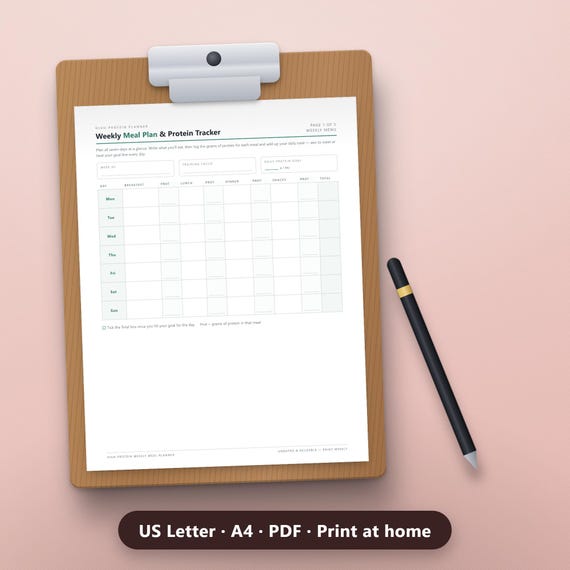 Undated High-Protein Weekly Meal Planner Printable PDF, 7-Day Menu & Protein Tracker, image 3