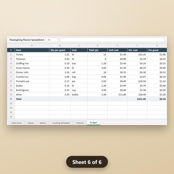 Thanksgiving Planner Spreadsheet, Turkey & Portion Calculator, Cooking Schedule, Guest List, Budget, Excel, Google Sheets, Instant Download, image 10