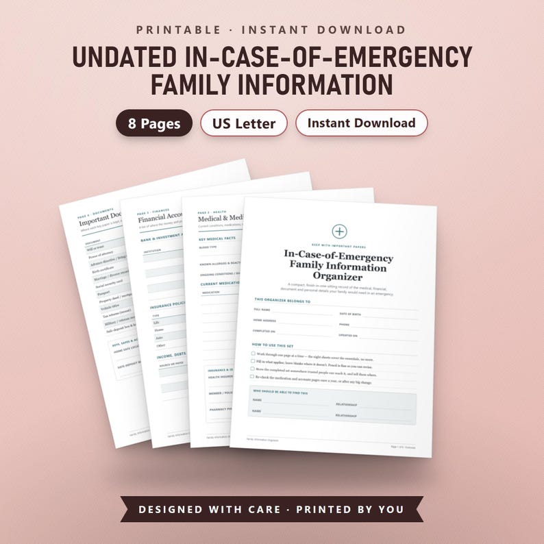 In Case of Emergency Binder Printable, End of Life Planner, Family Information Organizer, 8 Pages, US Letter, Instant Download
