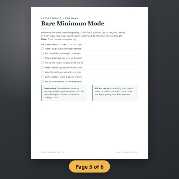 Zone Cleaning Schedule Printable, ADHD Cleaning Planner, Bare Minimum Mode, Daily Reset, 6-Page PDF, Instant Download, image 9