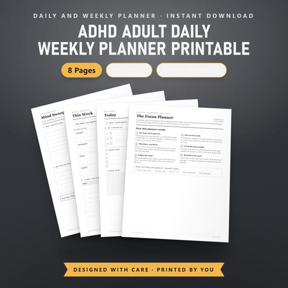 ADHD Daily Planner Adult, Undated Weekly Planner Printable, Time Blocking, Brain Dump, Habit Tracker, US Letter & A4, Instant Download