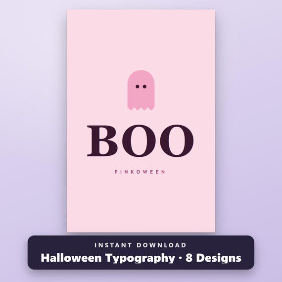 Pink Halloween Printable Wall Art, Set of 8 Pastel Ghost Typography Prints, Pinkoween Gallery Wall, 16x20, 11x14, 8x10, Instant Download